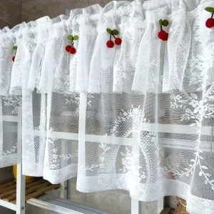 1pc Vintage-Inspired Short Valance Curtains - Rod Pocket Top Voile Half Curtains for Kitchen Windows, Pastoral Cherry Living Room Home Decor with Sheer Embroidery Lace and Classic Design
