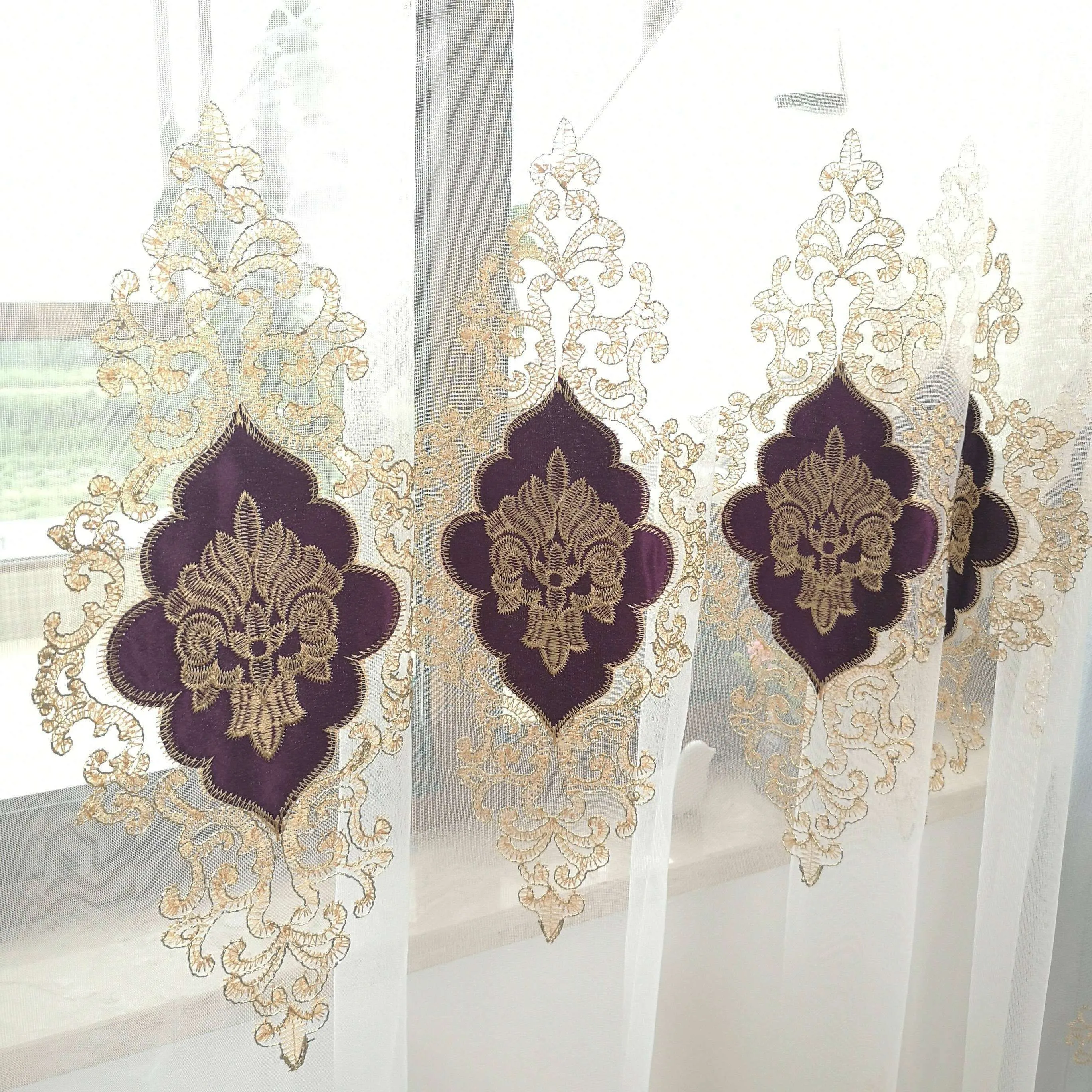 Brittany Velvet  Embroidered  White Sheer - Purple