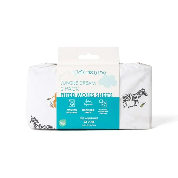 Clair-de-lune 2 Pack Fitted Jungle Dream Moses Basket Sheets - 74 x 30 cm