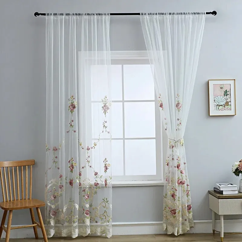 Rémy luxury pink floral embroidered sheer curtains - White